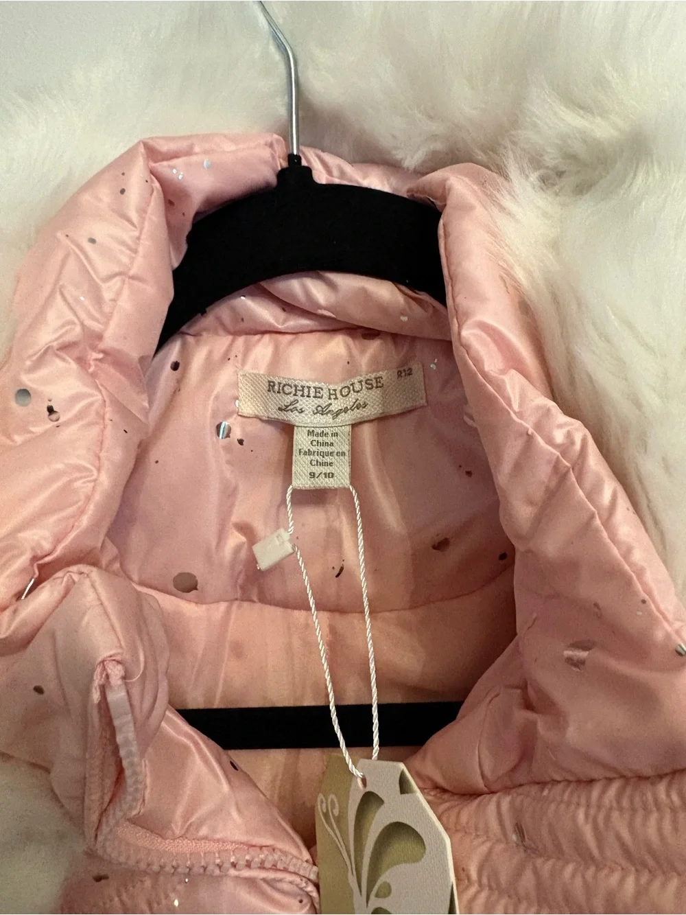 Girls Pink Faux-Fur Trim Sparkle Puffer Jacket